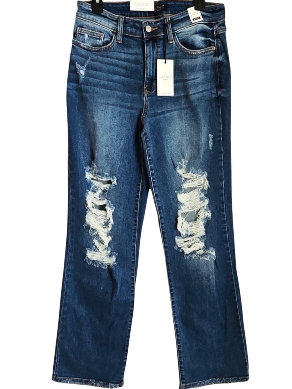 Judy Blue Dad Jeans Dark Wash Distressed Raw Hem Mid Rise Relaxed Straight NWT - Picture 11 of 15